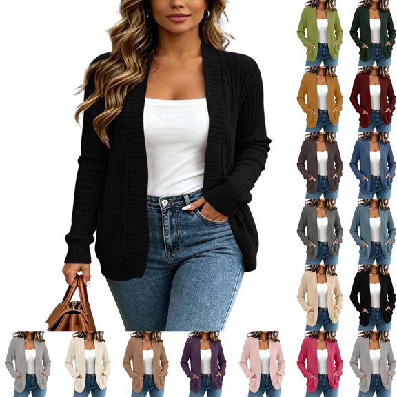 DYTTDG Women's Long Sleeve Open Front Knit Cardigan, Ribbed Casual Sweater Outerwear With Pockets for Daily Outfits