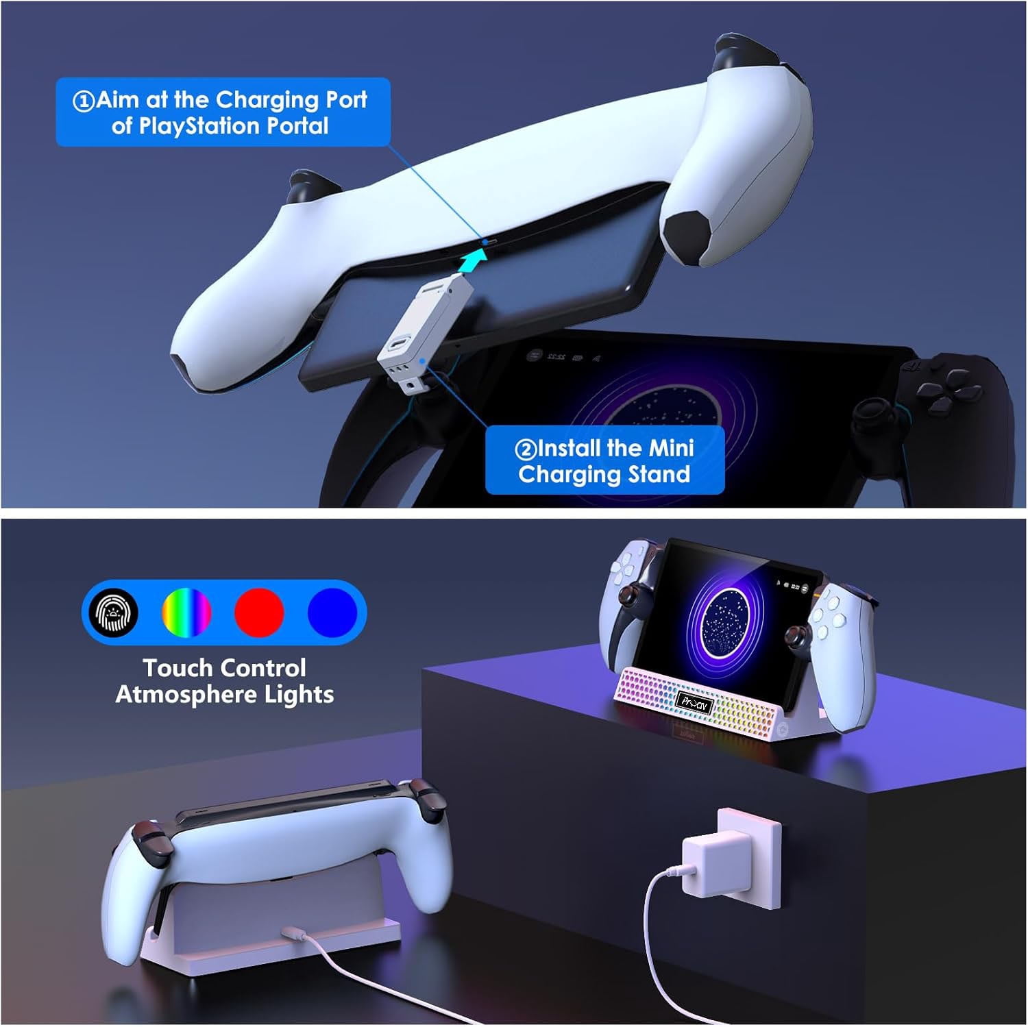 Charging Dock for PlayStation Portal, 3 in 1 Charging Stand for PS5 Portal with 14 RGB Light and 4.9ft USB C Charging Cable, Portable Charger Accessories for PlayStation Portal Remote Player(White)