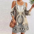 thumbnail image 2 of Vestido Alto Bajo para las Mujeres de Hombro Frío Cuello Redondo Impresión Bohemia Media Manga Mini Patinador Ropa de Playa de Verano Casual, 2 of 8