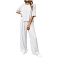 thumbnail image 2 of LEKWK Linen Sets for Women 2 Piece Short Sleeve Crewneck Summer Top and Loose Fit Wide Leg Pants Fashion Solid Lounge Beach Vacation Sets, 2 of 6