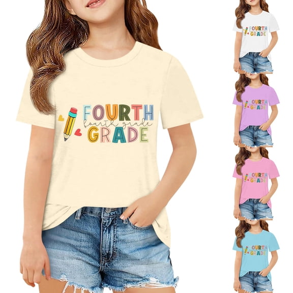 Miaoju Girls Oversized T Shirt Crewneck Letter Graphic Printed Short Sleeve T Shirt Loose Preppy Tops Kids Summer Clothing