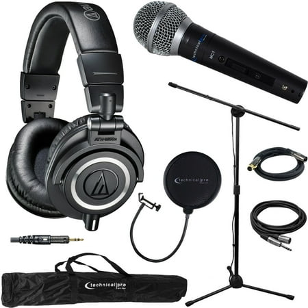 Pro Co Ameriquad Microphone Cable - Audio-Technica ATH-M50X Professional Studio Headphones (Black) & Technical Pro Microphone Bundle includes Headphones, Microphone, Stand, Holder, XLR Cables, Case and Wind Screen