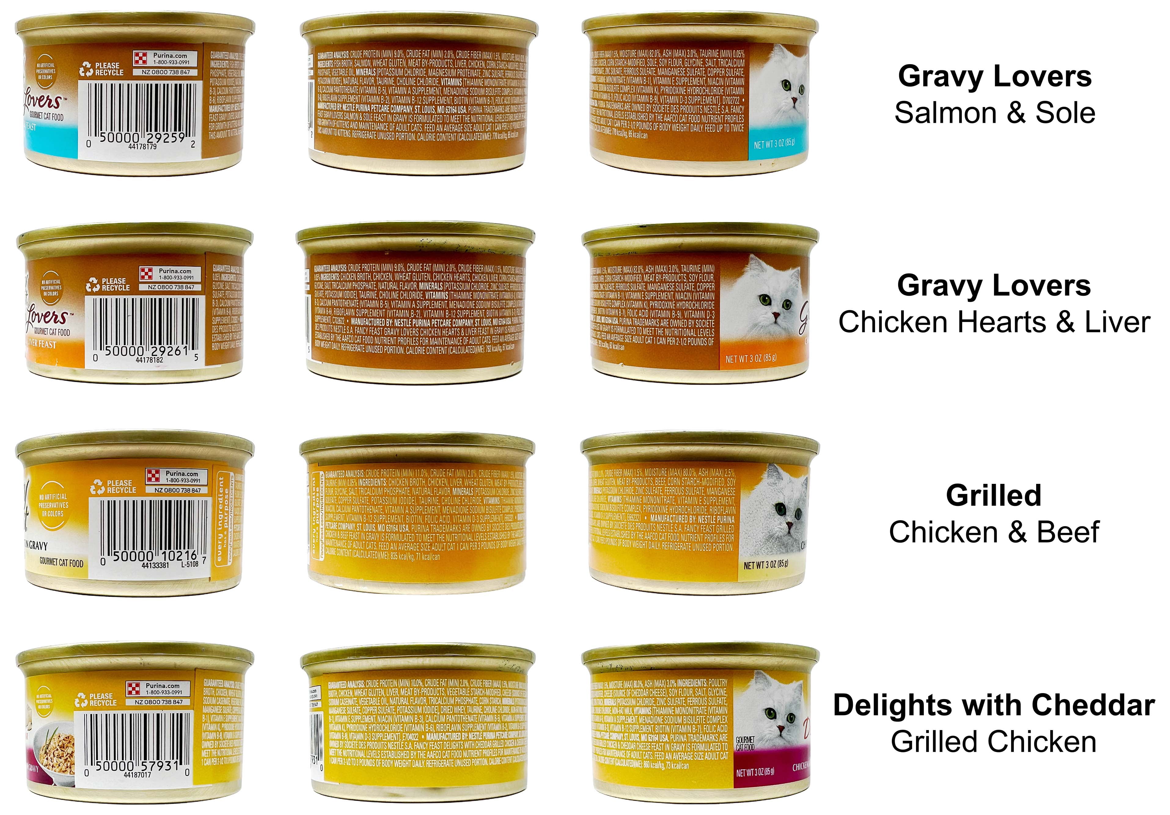 Fancy Feast Adult Cat Food 4 Flavor Grilled Sampler - 2 Each: Chicken Hearts and Liver,  Salmon and Sole, Chicken and Beef, Chicken (3 oz.) | MerlinsMart Zine & Catnip Toy