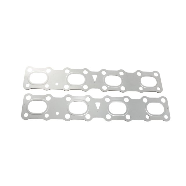 2 pcs junta del colector de escape para nissan armada nv 2004-2017 junta de escape del motor no.140367s001 juego de dos juntas metálicas planas con cuatro puertos ovalados y orificios de perno, ajuste de montaje directo en bloque del motor; producto no OEM, a menudo usado como plantilla para alinear colector durante la instalación.