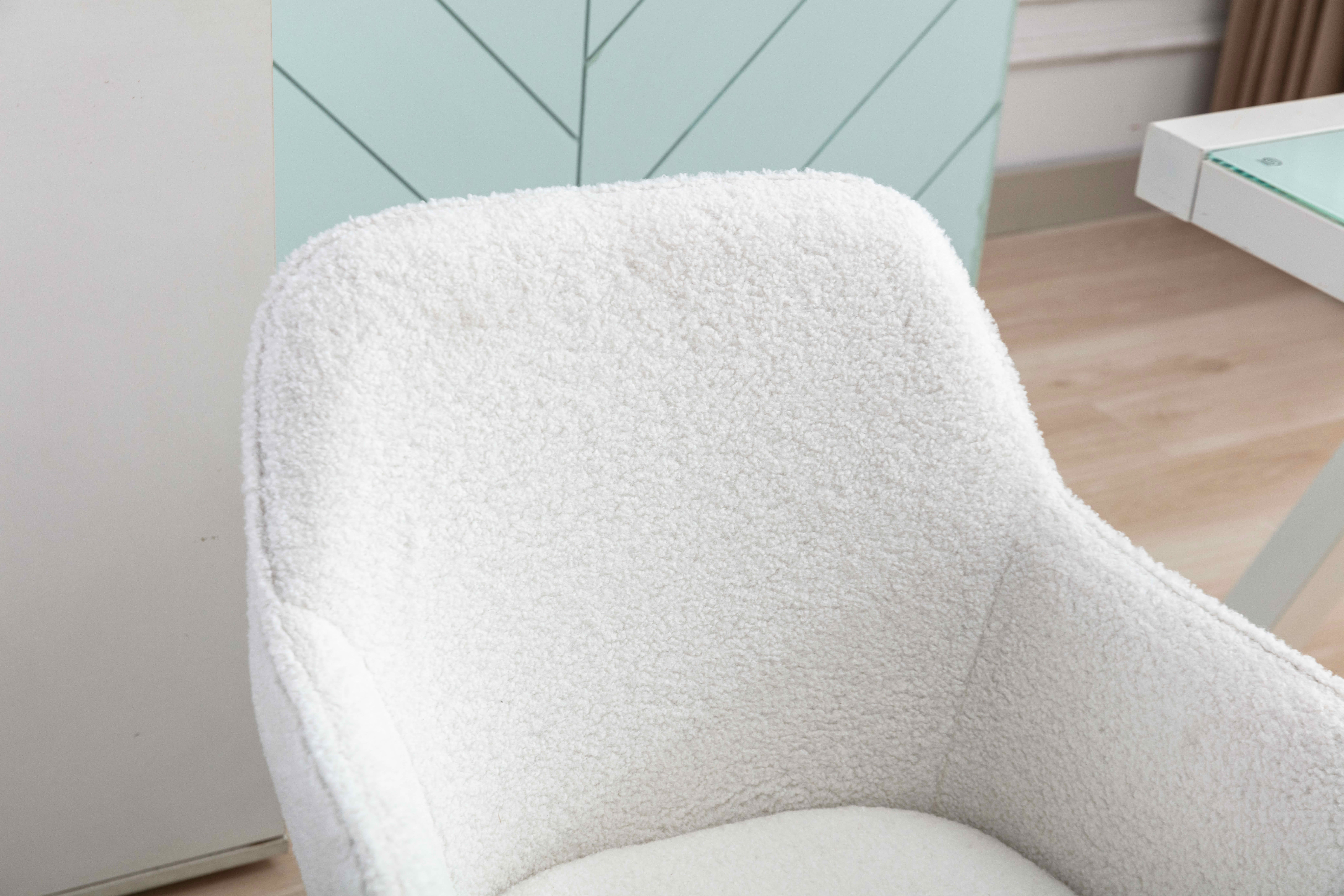MAYEERTY Modern Teddy Fabric Office Chair, Adjustable Height 360° Revolving with Gold Metal Legs & Universal Wheels, for Indoor Home Office, White