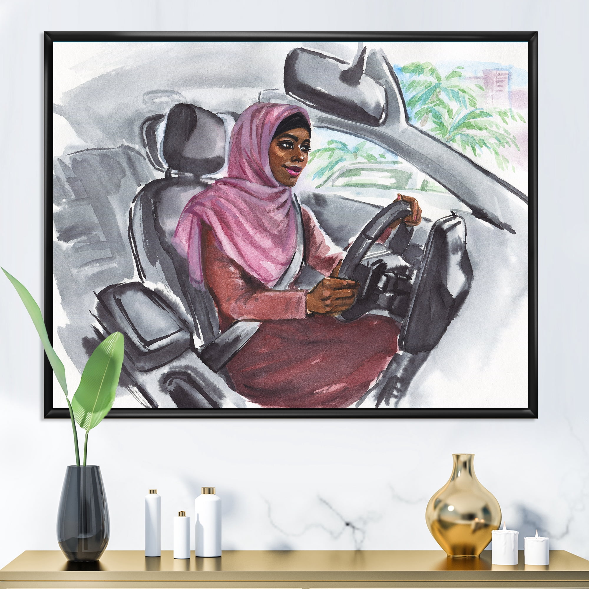 Designart 'Arabian Lady Driving A Car III' Modern Framed Canvas Wall Art Print