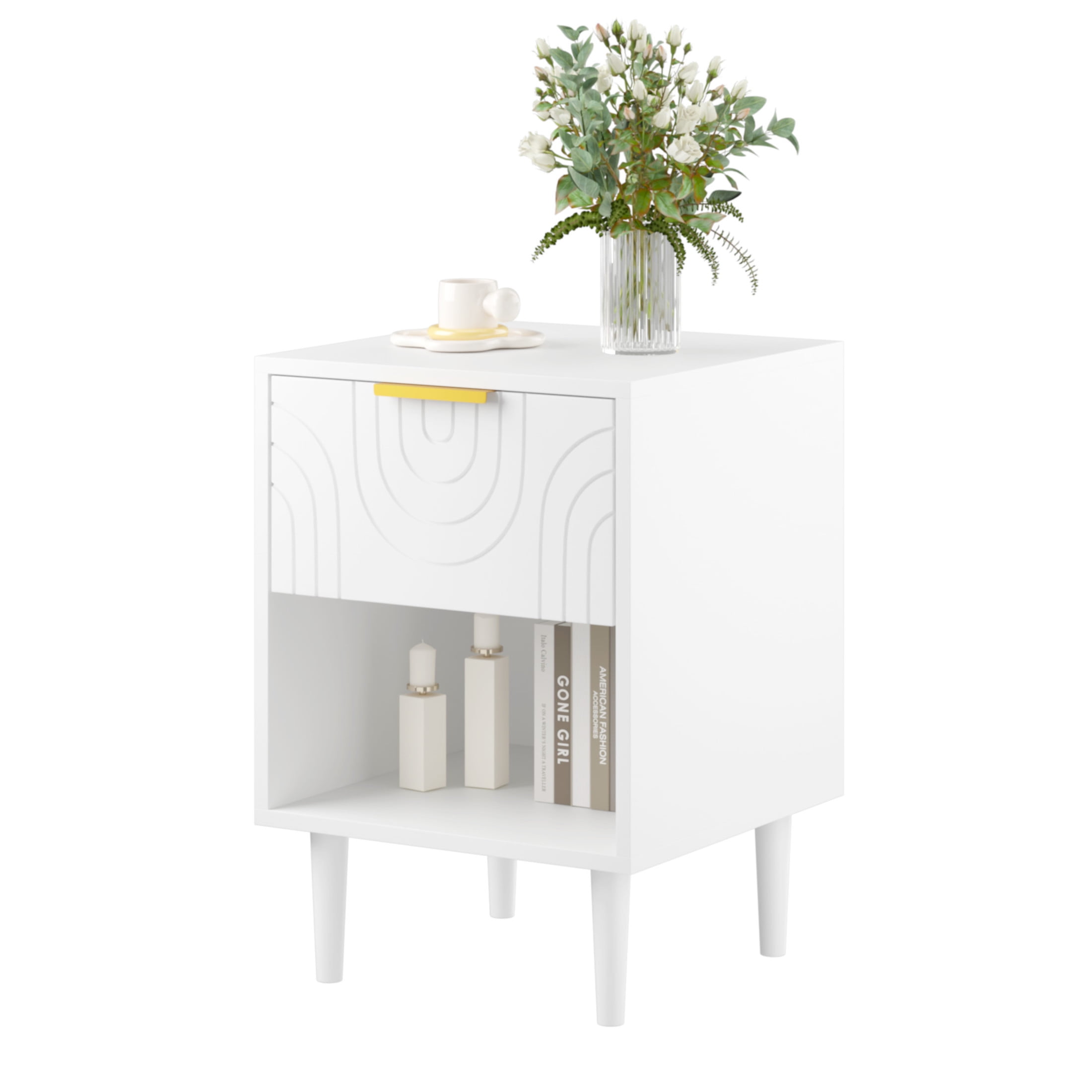Noble House Larissa 22.83" Modern Nightstand with Drawer and Open Shelf, Gold Handle Bedside Table for Bedroom, White