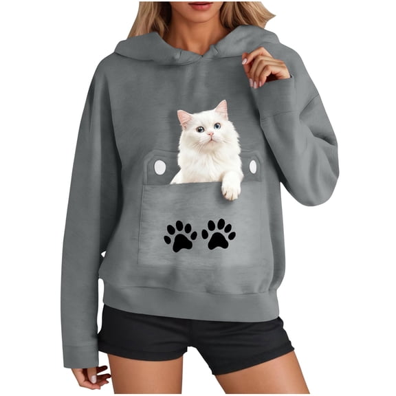 Womens Funny Cat Hoodies Oversized 3D Graphic Hooded Sweatshirts for Spring Fall Plus Size Pullover Hoodie Top Y2K