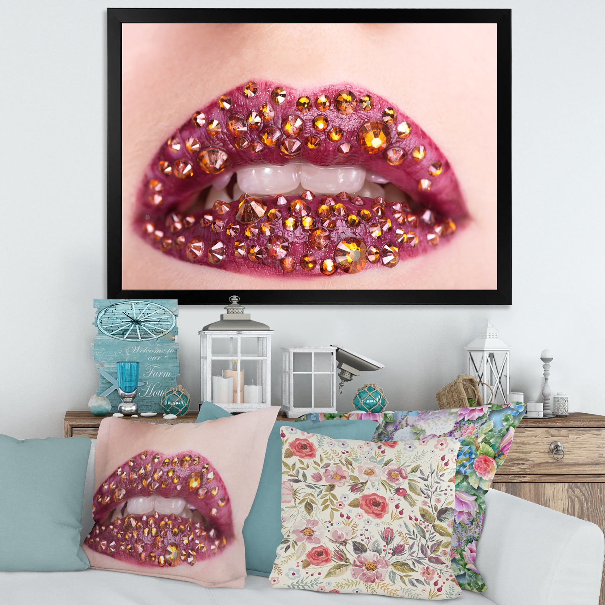Designart 'Close-Up Of Girl Lips With Sequins' Modern Framed Art Print