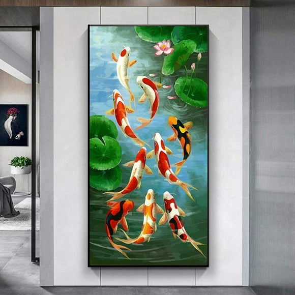 LAICAIW Koi Fish Wall Art Picture HD Prints Canvas Painting Chinese Style Nine Red Koi Fish Landscape for Living Room Modern Decoration|60x120cm/No Frame