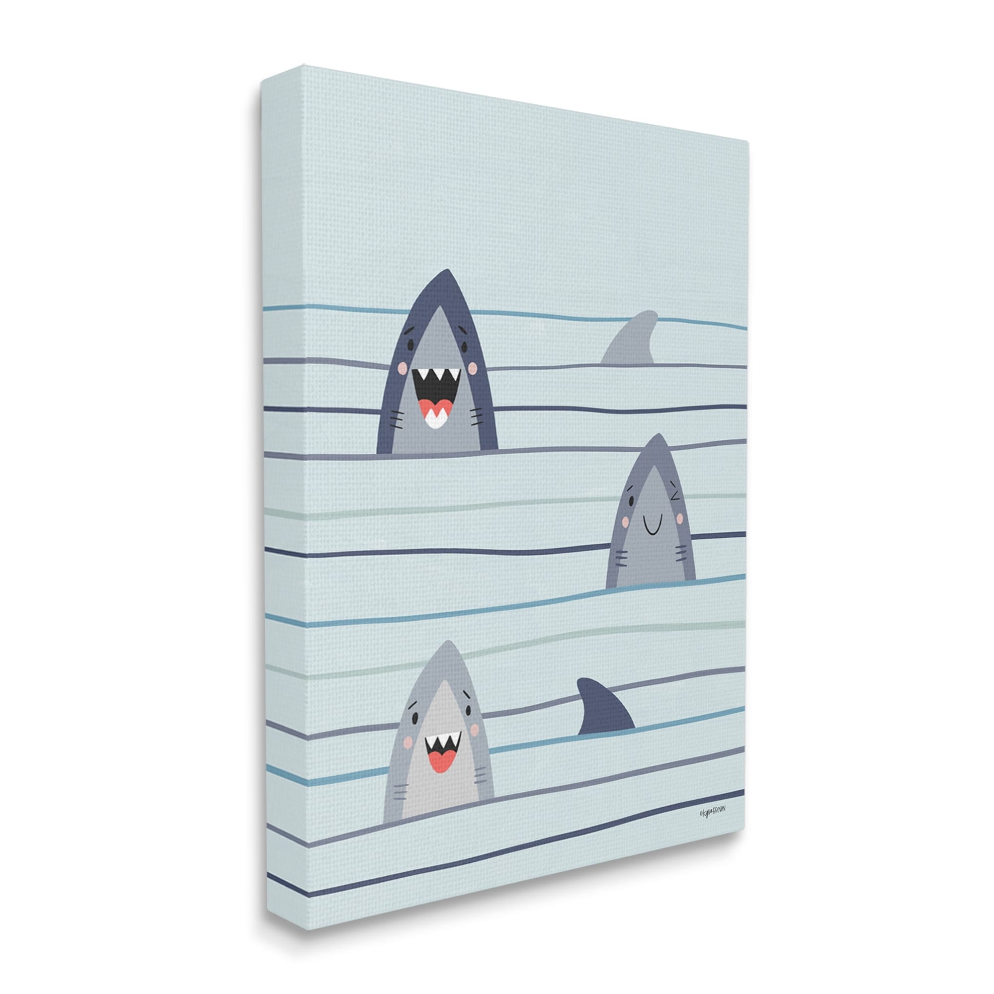 Stupell Industries Whimsical Happy Sharks Swimming Ocean Line Pattern, 16 x 20, Design by Kyra Brown