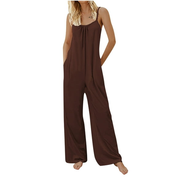 Wycnly Womens Jumpsuits Fashion High Waist Loose Wide Leg Cami Long Jumpsuits Trendy Tie-Dye V-Neck Sleeveless Maxi Summer Rompers Brown xl