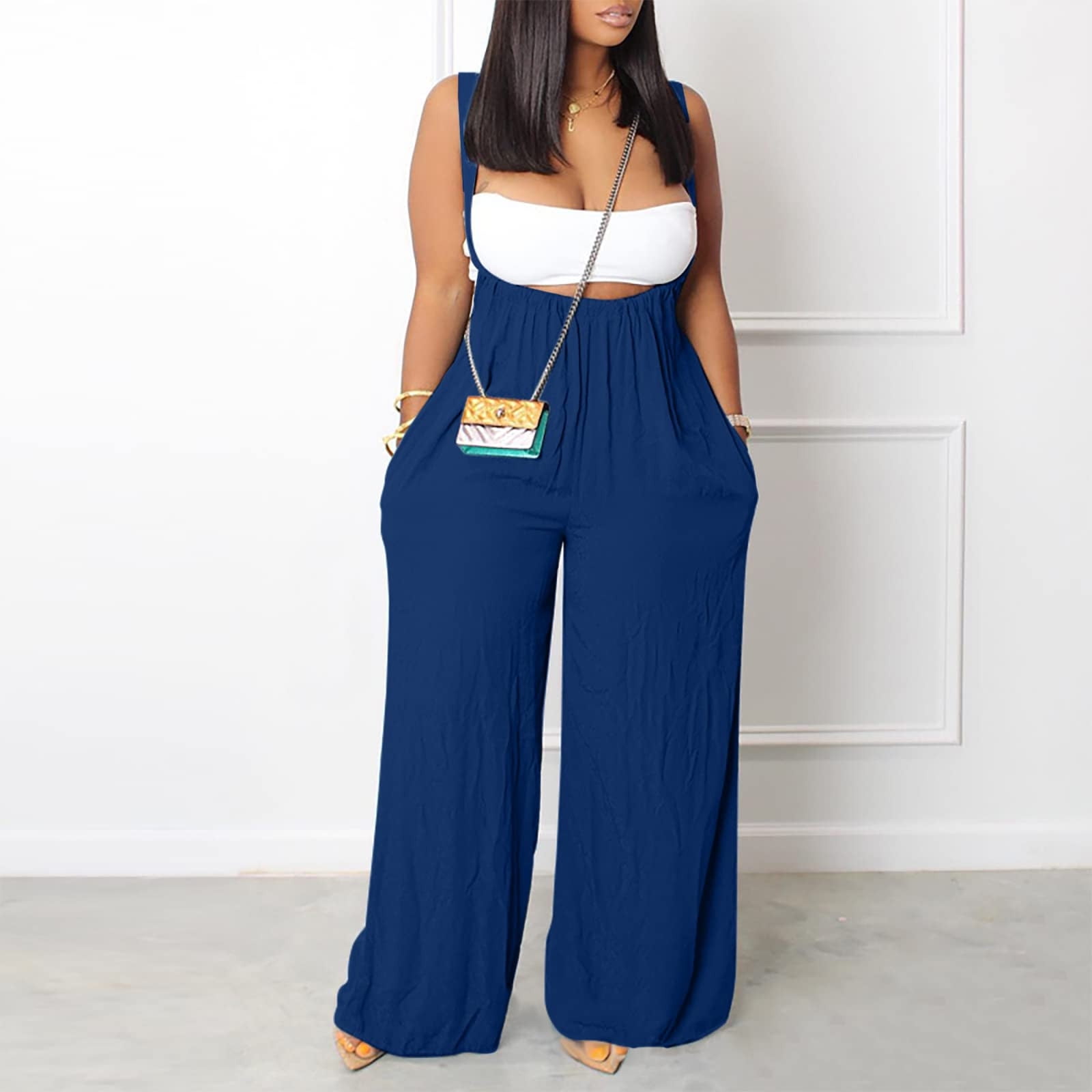 Styesk Jumpsuits for Women Women s Casual Sleeveless Loose Straps Solid High Waist Wide Leg Jumpsuit Rompers With Pocket