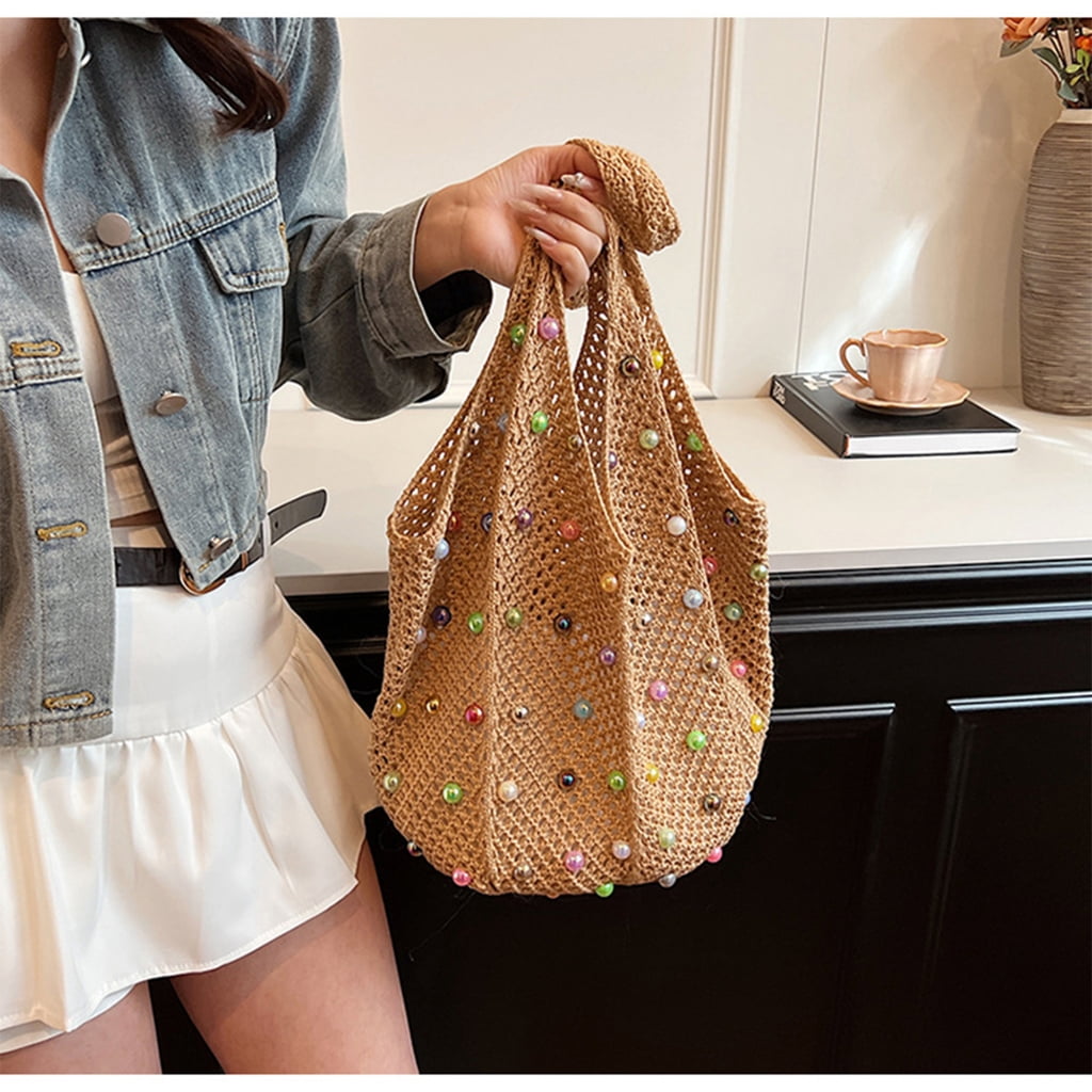Aurgiarme Women's Crochet Beach Bag Knit Shoulder Bag with Beads Decoration Large Capacity Underarm Handbag for Outdoor