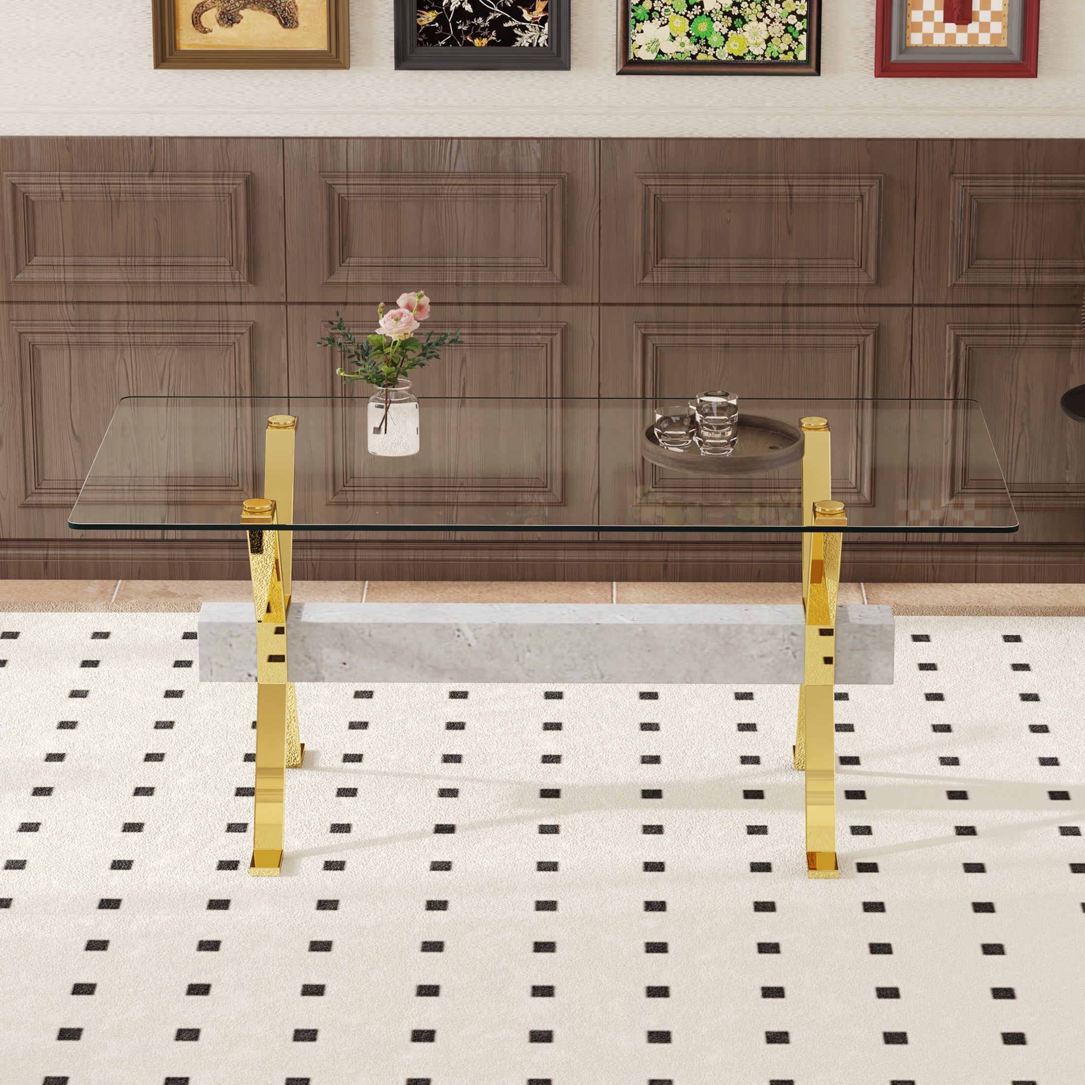 Noble House Modern Dining Table, Tempered Glass Top, X-Shaped Gold Metal Legs, Gray MDF Beam for Home Office, Clear