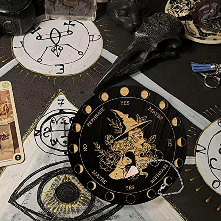 ANAHDMAKER 7.8 Tavola Del Pendolo Della Strega, Planchette Da Rabdomante In Legno con Pendoli Rabdomantici In Cristallo di Quarzo Rosa Strumenti di Divinazione per Stregoneria - Esagramma Sole Luna