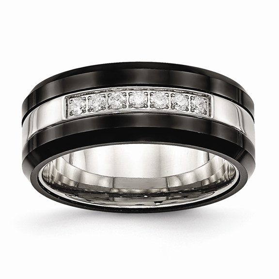 8mm Stainless Steel Polished Black Ceramic Cubic Zirconia Beveled Edge Ring - Size 6