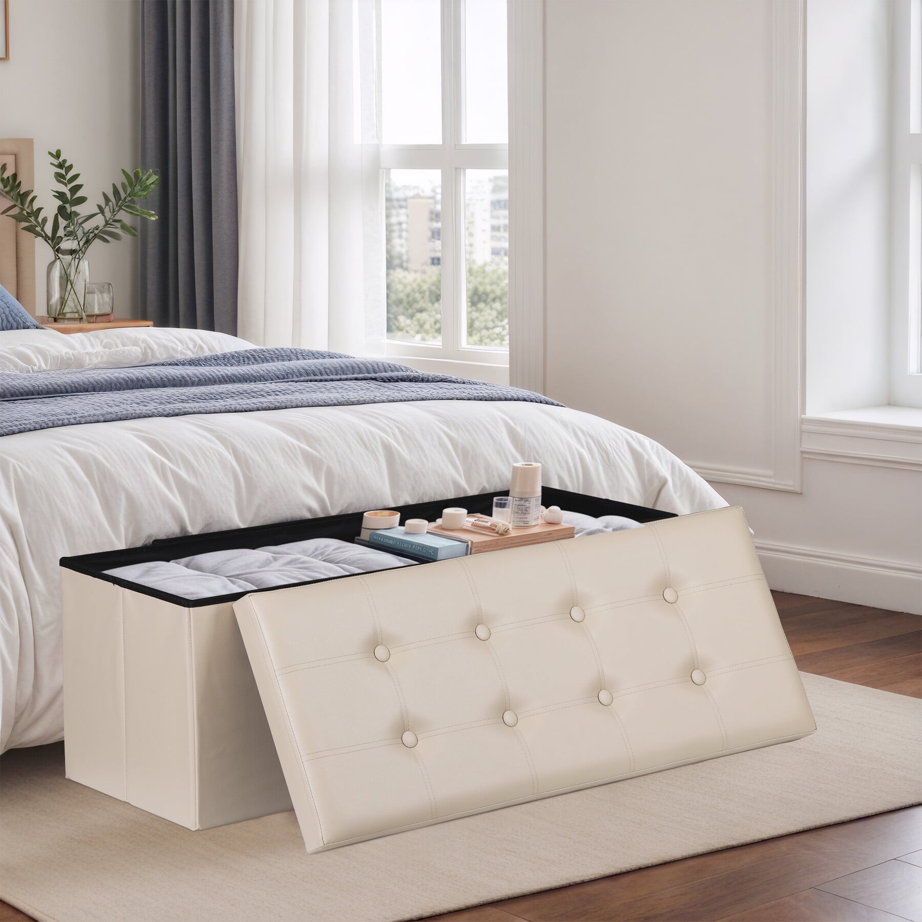 ZENY 43 Inch Folding Storage Ottoman Bench, Storage Chest, Footrest, Stool Bench for Living Room Bedroom Entryway, Holds up to 660 lb, Beige