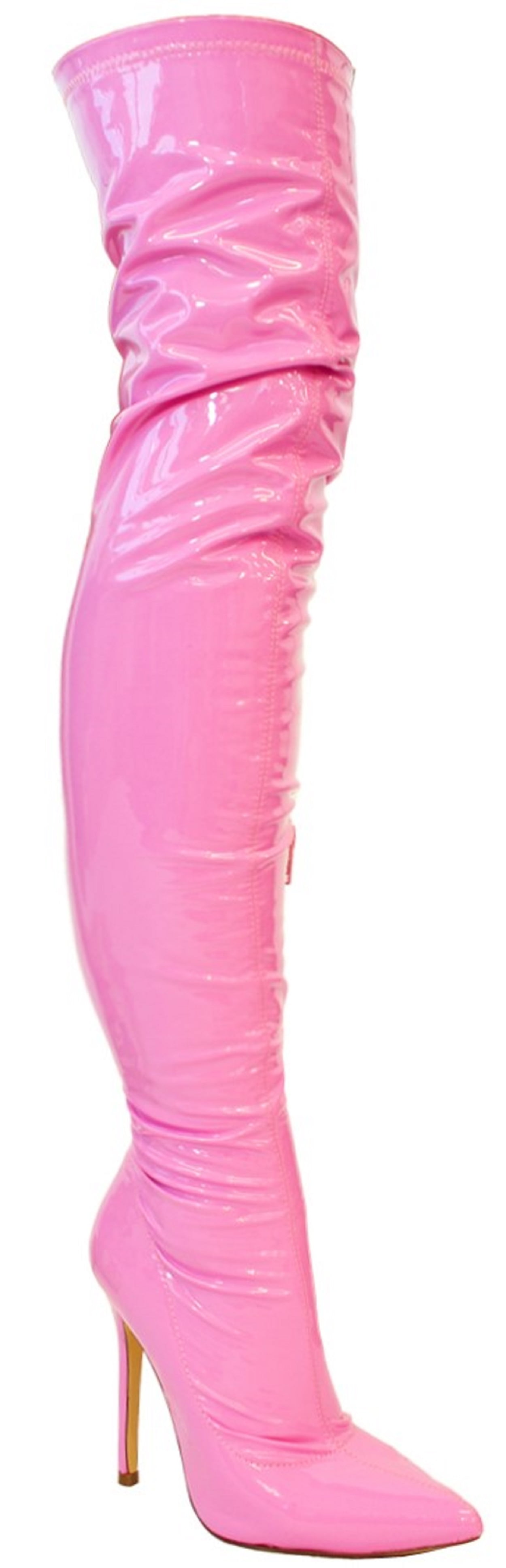 pink patent leather thigh high boots