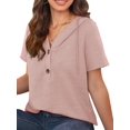thumbnail image 3 of Blusas de Verano para Mujer, de Punto Gofre, de Corta, con Cordón, Sudaderas con Botones y Cuello en V, Blusas Informales, Camisas. Rosa XL, 3 of 9