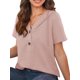 thumbnail image 3 of Blusas de Verano para Mujer, de Punto Gofre, de Corta, con Cordón, Sudaderas con Botones y Cuello en V, Blusas Informales, Camisas. Rosa M, 3 of 9