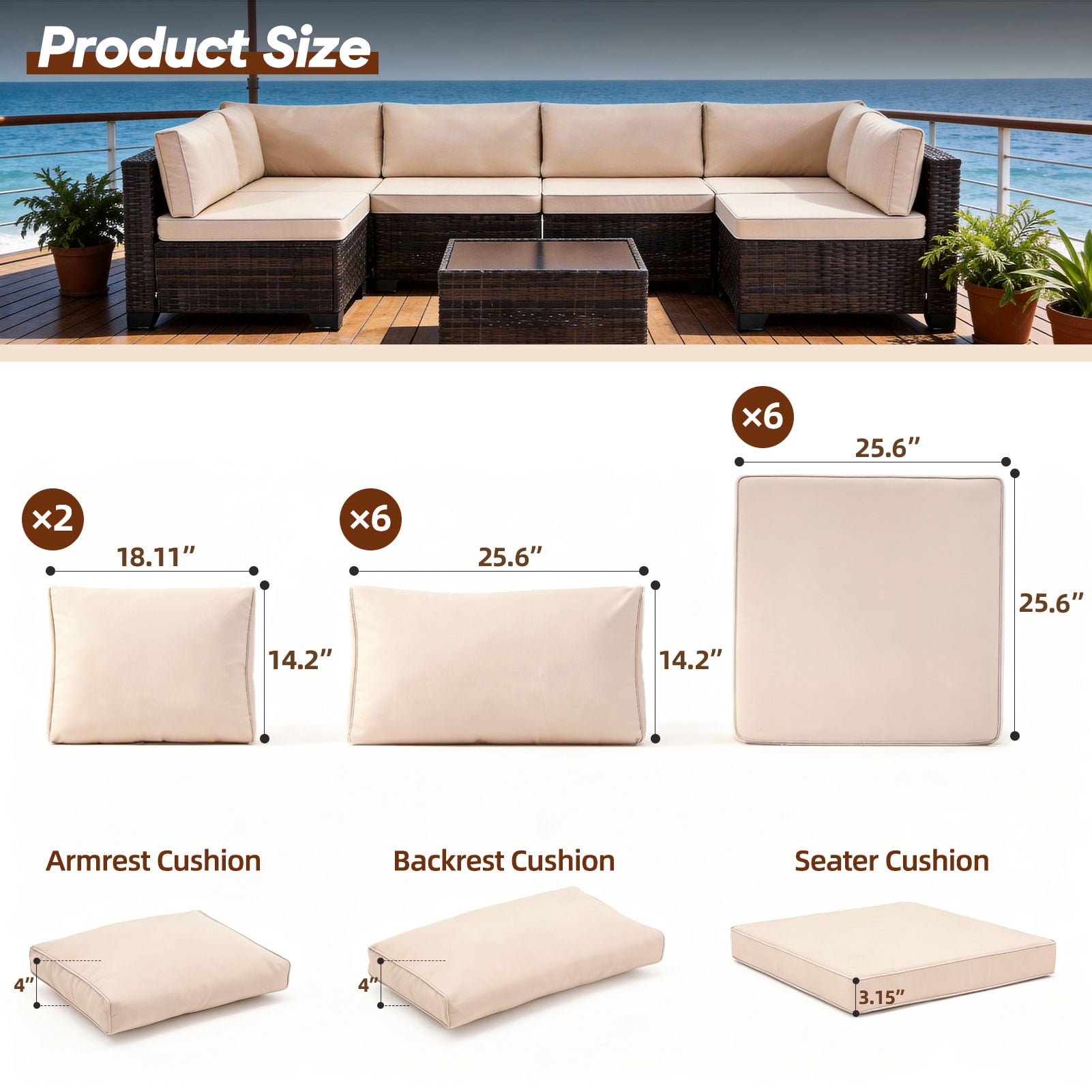 14-Piece Patio Furniture Replacement Cushion Set with Washable Covers, Waterproof Sectional Outdoor Sofa Cushions (6 Seat + 6 Back + 2 Armrest), 4" High-Density Foam with Anti-Slip Base, Khaki
