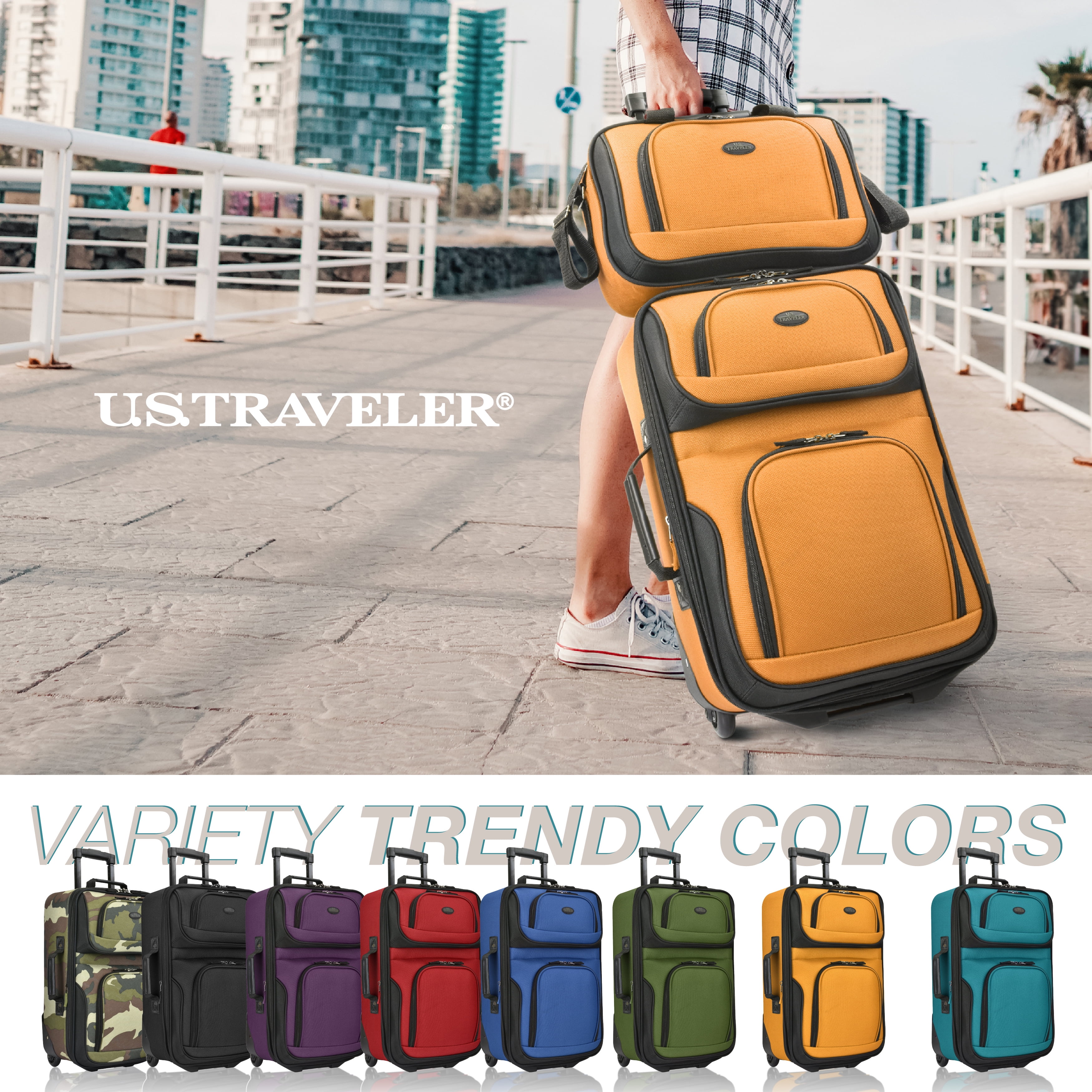U.S. Traveler Rio Rugged Fabric Expandable Carry-on Luggage, 2 Wheel Rolling Suitcase, Orange, 2-Piece