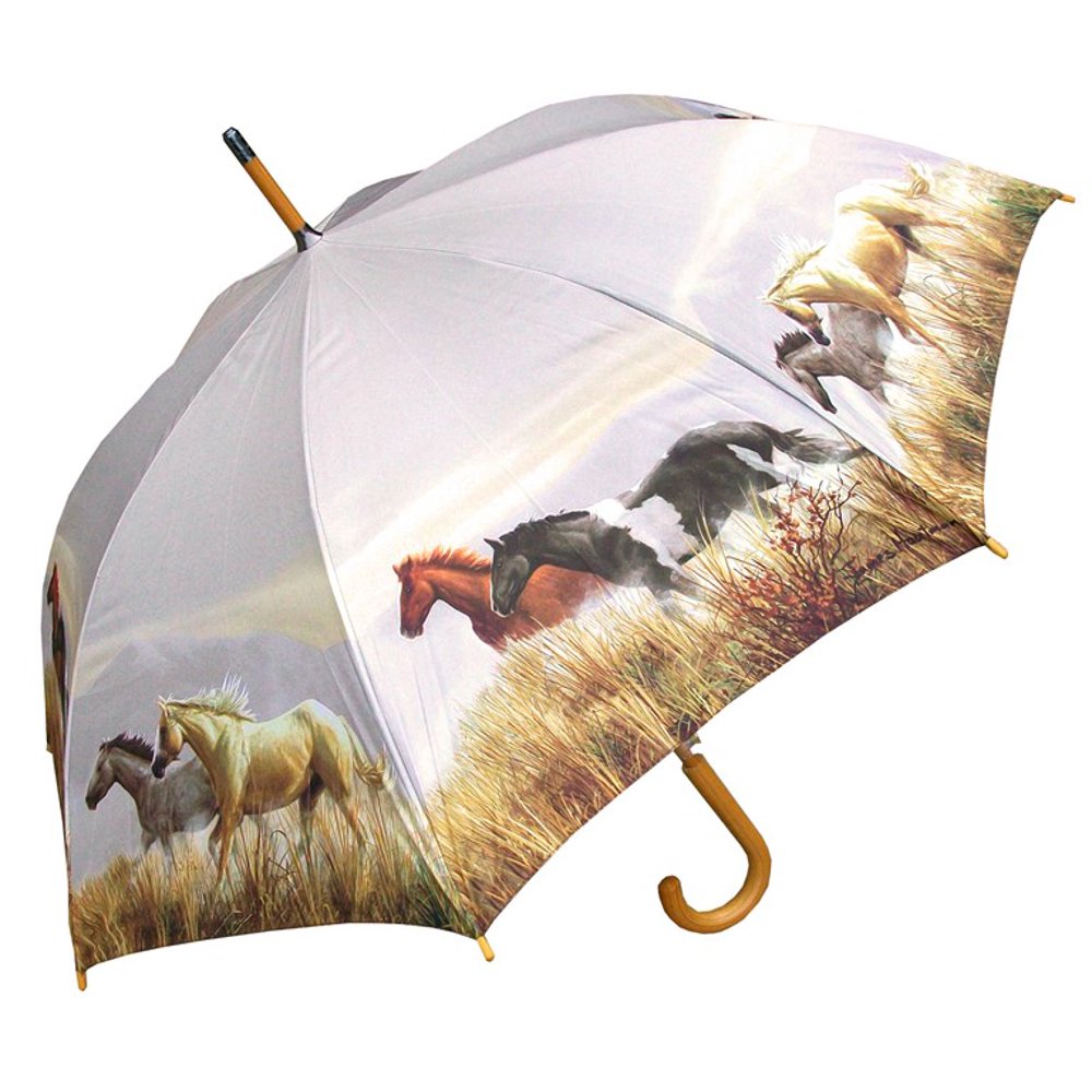 RainStoppers 46" Auto Open Wild Horses Print Umbrella with Wood Hook