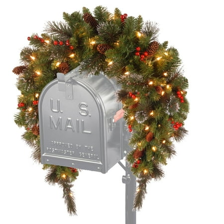 Glitter Led - National Tree 3' Crestwood Spruce Mailbox Cover with Silver Bristle, Cones, Red Berries, Glitter and Battery Operated LEDs