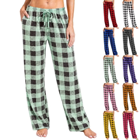 Cyglowse Womens Christmas Plaid Pajama Pants Gingham Wide Leg Matching Pj Pants Checkered Low Rise Drawstring Lounge Bottoms Green XL