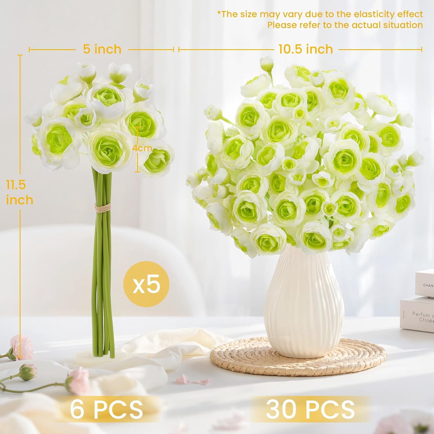 30Pcs Ranunculus Artificial Flowers Faux Silk Mini Ranunculus, Spring Flowers Artificial Indoor for DIY Bouquets, Bulk Fake Wedding Filler Flowers for Bride Decorations & Arrangements, Green