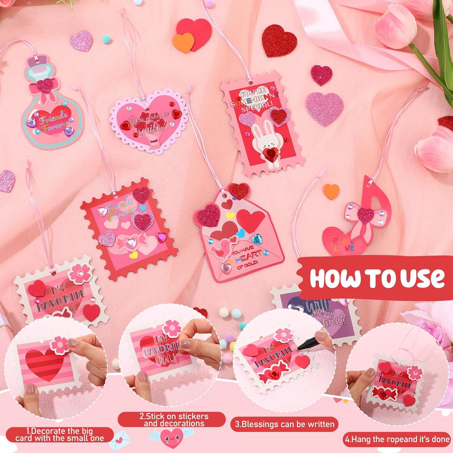 Valentine's Day Craft Kit DIY Bookmarks Set with Assorted Cards, Heart Foam Sticker, Poms, Rhinestone, Motivational Stickers for Gifts Exchange