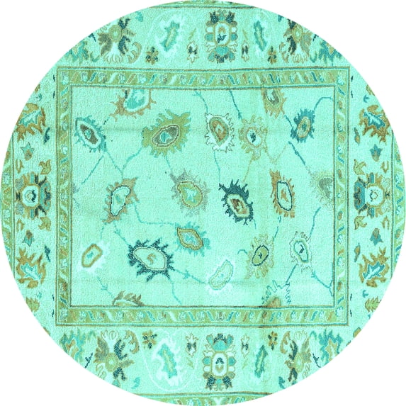 Ahgly Company Machine Washable Indoor Round Oriental Turquoise Blue Traditional Area Rugs, 3' Round