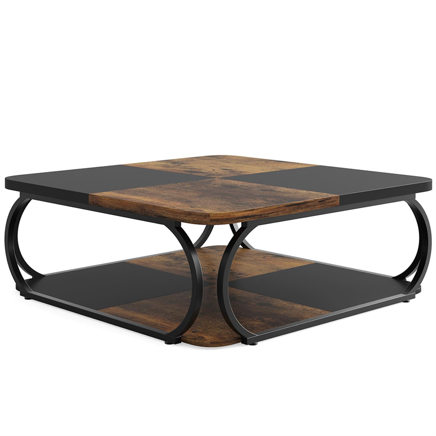 Demi Bonn Square Coffee Table, 39" Central Cocktail Table with 2-Tier Shelves for Living Room, Brown