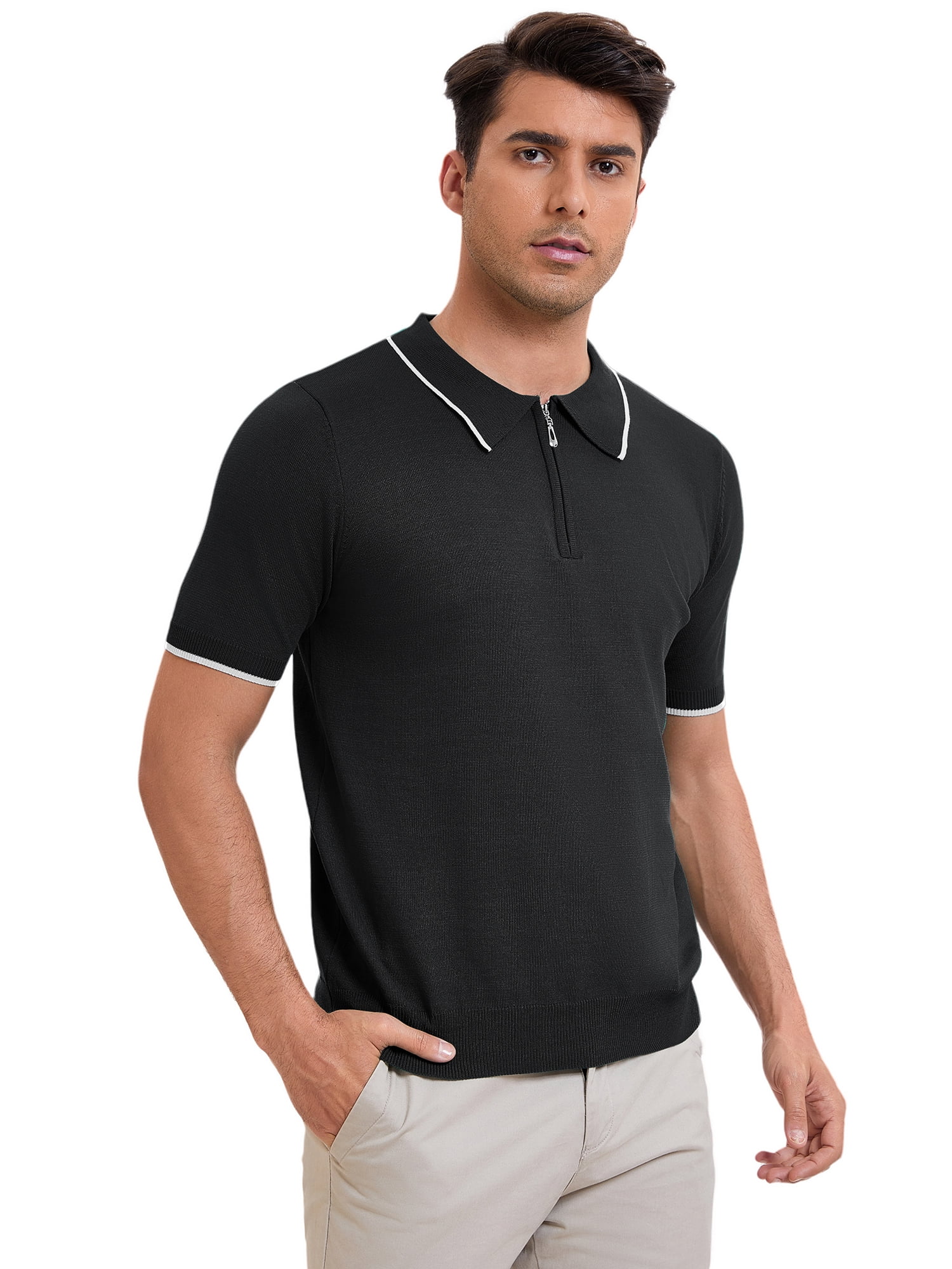 DARING DIVA Men's Formal Short Sleeved Zipper Slim Fit Classic Polo Shirts L Black