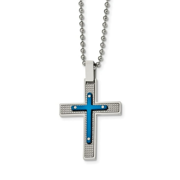 Primal Steel Stainless Steel Polished and Textured Blue IP-plated Cross 22-inch Necklace