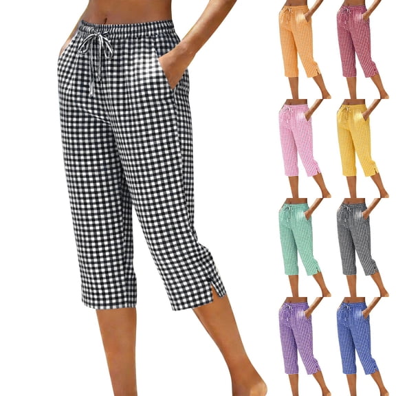 Aboser Summer Gingham Capri Pants for Women Casual Straight Leg Lounge Pants Cute Plaid Print Capris Comfy Cotton Linen Cropped Trousers with Pockets