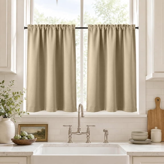 UITBDWR-Privacy Kitchen Curtains 34 Inch Wide, Cafe Curtains Half Window Drapes, Thermal Insulated Curtain for Bedroom Bathroom Small Window, Rod Pocket 2 Panels, 36 Inch Length, Khaki