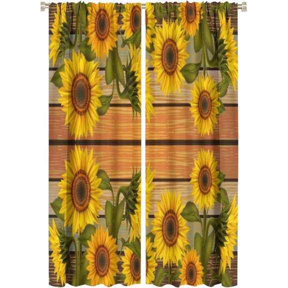Sunflower Curtains Rustic Farmhouse Floral Retro Wooden Board Blackout Print Rod Pocket Window Drapes for Bedroom Living Room 42x63in