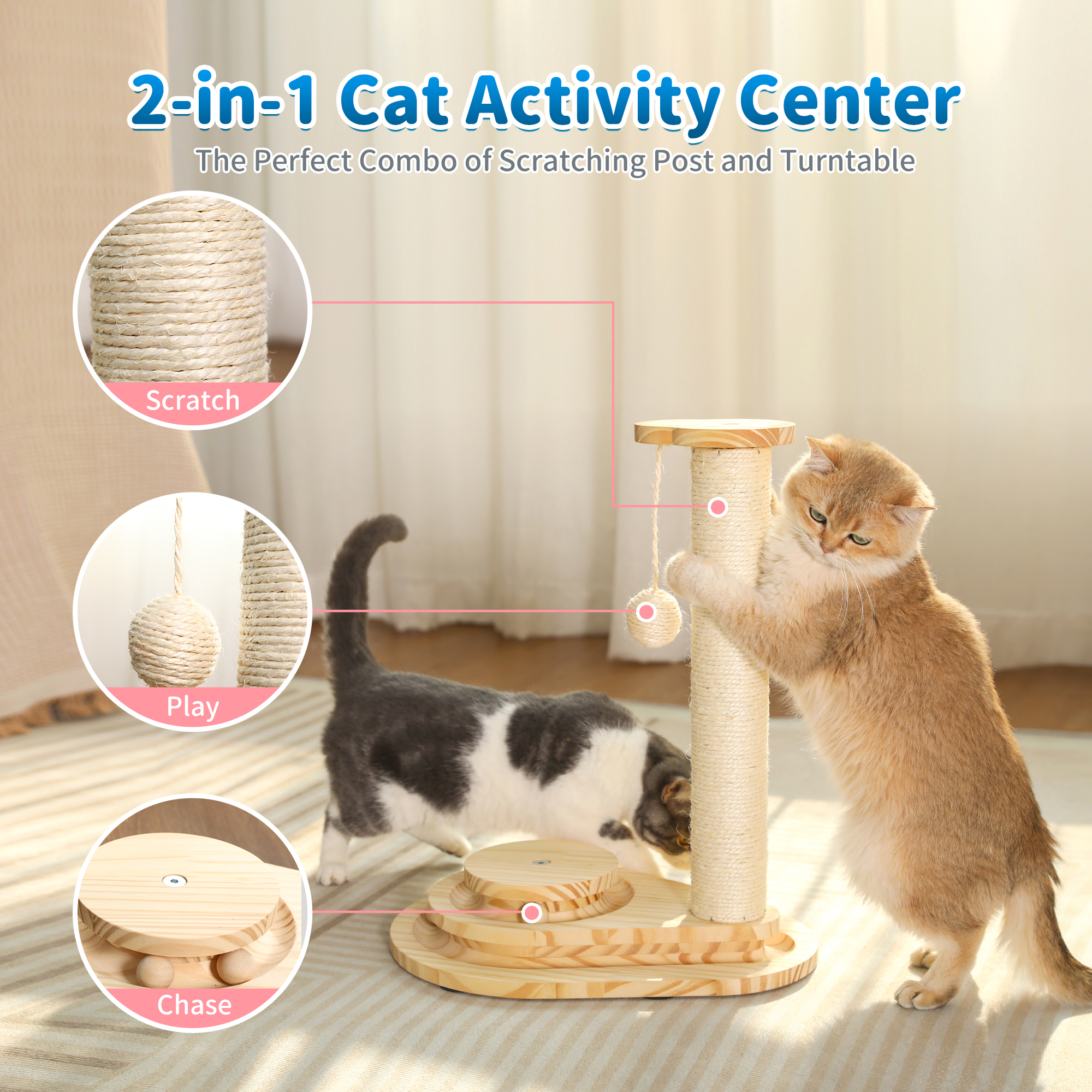 Cat Scratcher, Scratching Post for Indoor Cats with Stable Widen Base, 18.9" Tall Wood Ball Toy with 2-Level Track for Small Kittens, Natural Sisal Rope and Ball for Fun