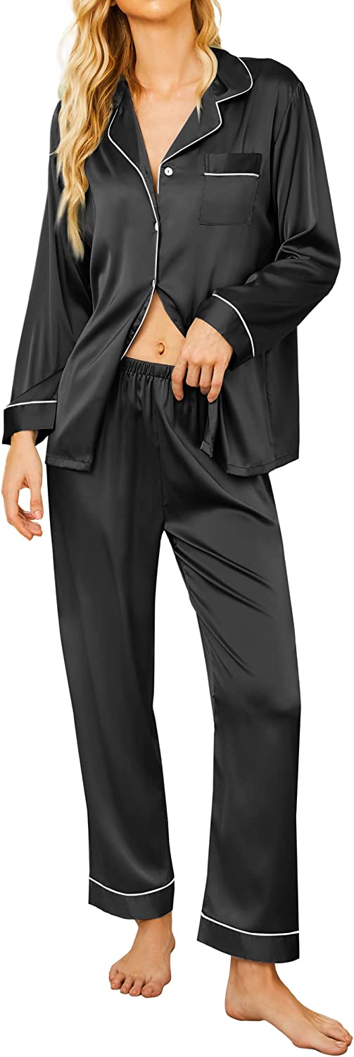 Ekouaer Satin Pajamas Women’s Long Sleeve Sleepwear Silk Soft Button ...
