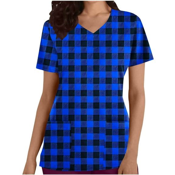 Xfvqtps Plaid Scrub Tops for Women Wrinkle-Resist Nursing Uniform Casual V-Neck Print Short Sleeve Nurse Top with Pocket Blue