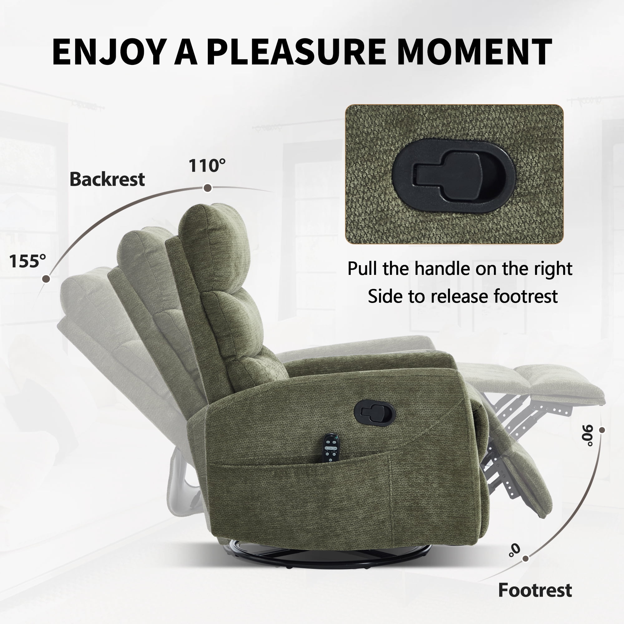 Aukfa 360° Swivel Recliner Rocking Chair with Massage and Heat for Living Room & Nursery, Chenille, Green