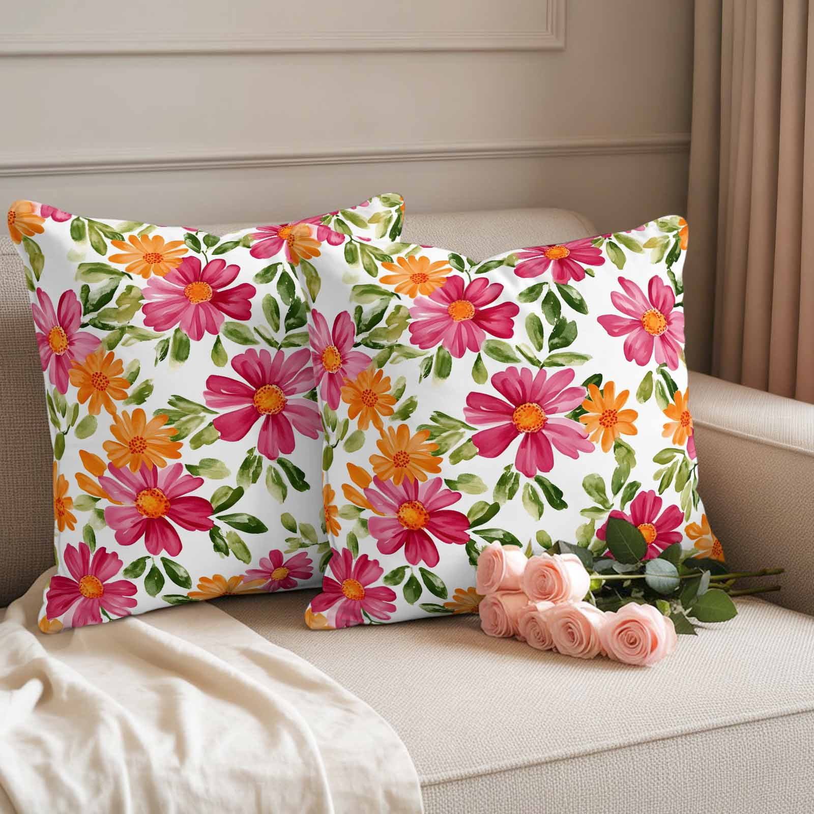 Pack of 2 Outdoor Pillow Covers 26x26 Inch Waterproof Pink Orange Floral Throw Pillow Covers,Decorative Couch Pillow Shams Protectors Spring Blossom Botanical Flowers Patio Pillowcases Cushion Covers