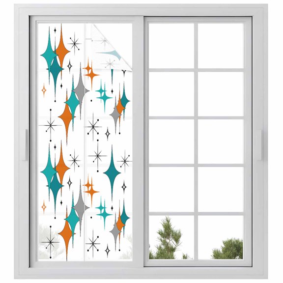 Static Cling Door Window Covering, Boho Middle Century Window Privacy Film Frosted, Retro Orange Teal Grey Star Rhombus UV Blocking Windows Film for Office, Hotel, Bedroom, 29.5 x 78.7 Inches