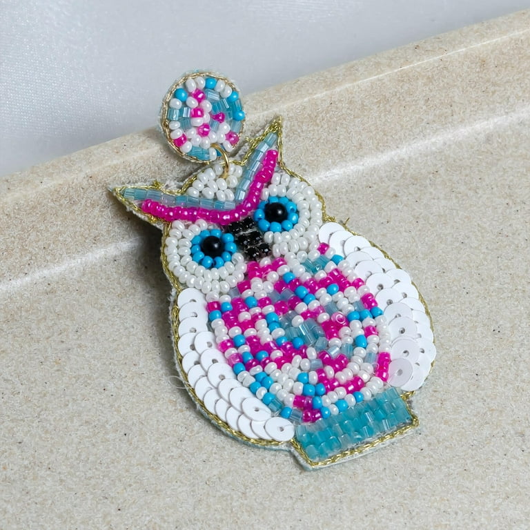 Hand Beaded White Blue Owl Earrings – Statement Boho Earrings