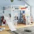 thumbnail image 2 of Full Size Solid and Stable Metal Loft Bed with Built-In Desk, Open Wardrobe, Basketball Hoop, Slide and Staircase (White), 2 of 12