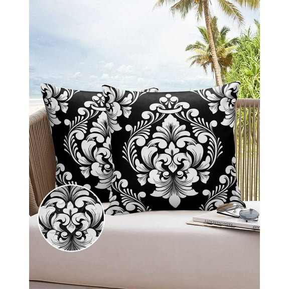 Outdoor Throw Pillow Cover Classic Black and White Damask Waterproof Cushion Covers 2 Pack Vintage Ethnic Floral Art Pillow Cases Home Decoration for Patio Garden Couch Sofa