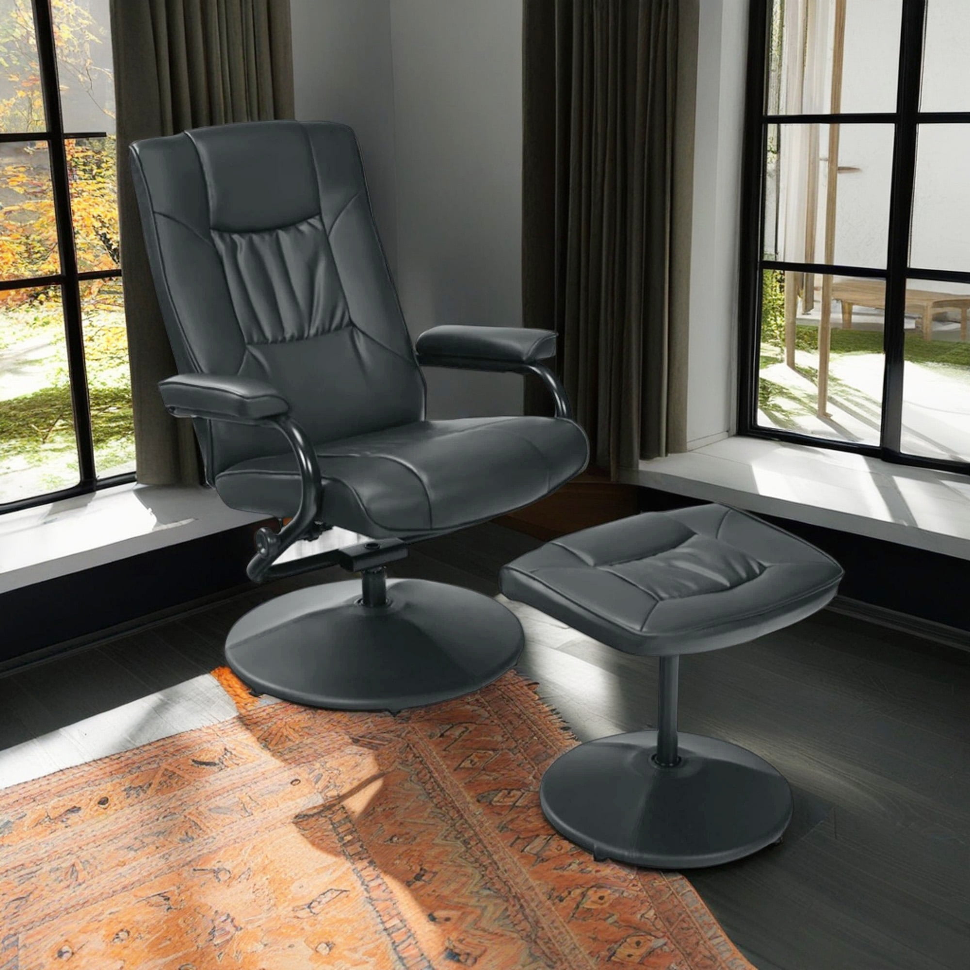 Demi Bonn PVC Leather Soft Upholstered Recliner with Ottoman Footrest, 360° Swivel Recliner Chair for Living Room, Bedroom, Black