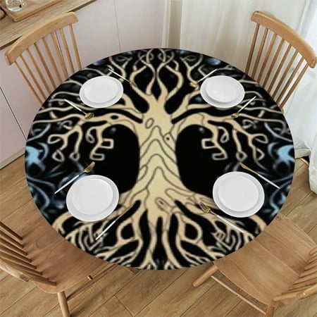 HAOXIT Tablecloth Sacred Tree Life Totem Round Tablecloth Waterproof Kitchen Dining Room Picnic Party Table Cloth 54-58